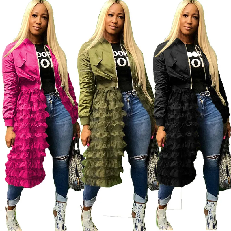 

Street Coat Fashion Long-sleeved Zipper Solid Color Pleated Mesh Lace Jacket European and American Women's Clothing