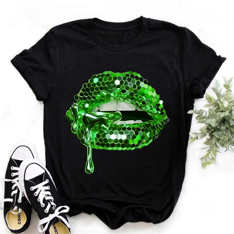 2024 heißer Verkauf Schwarz T Shirt Frauen Rosa Glitter Lippen Grafik Druck T-shirt Femme Luxuriöse Make-Up Sexy T-Shirt Haut Femme – Detail 14