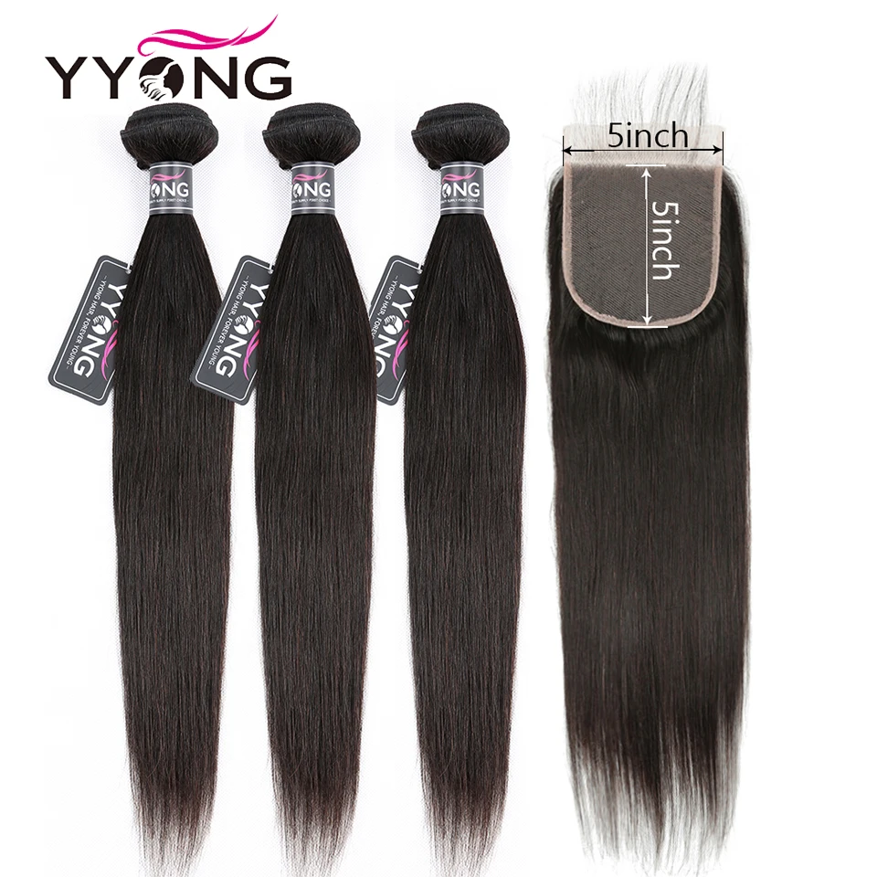  Yyong Hair 5x5 Closure With Bundles 8-30inch Peruvian Straight Bundles With Closure Remy Human Hair
