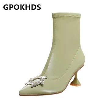 

GPOKHDS 2021 women Ankle boots Microfiber Winter short plush Pointed Toe Zipper Crystal High heels female boots size 40
