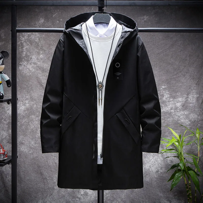 

2020 Spring Autumn Large/Over Size M-4XL Thin Overcoat Long Hooded Windbreaker Men Mid Length Jacket Slim Streetwear