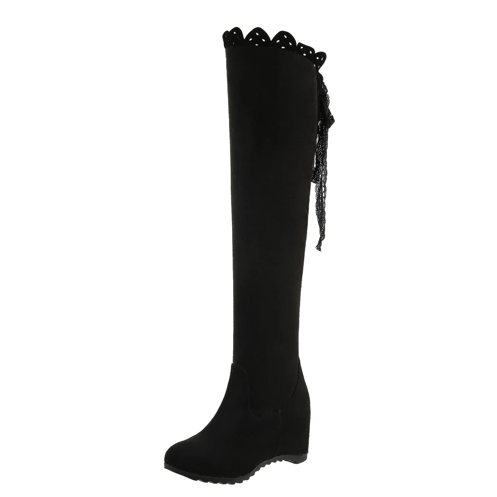 

Lace Lace-Up Flock Over-The-Knee Boots Flat-Heeled Thick-Soled Short Plush Stretch Boots Wave Boots Wedge Heel Round Toe