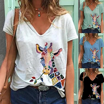 

Tshirt casual summer giraffe print T shirts 2020 New for women cartoon casual t-shirt lady short sleeve tops V-Neck tees shirt
