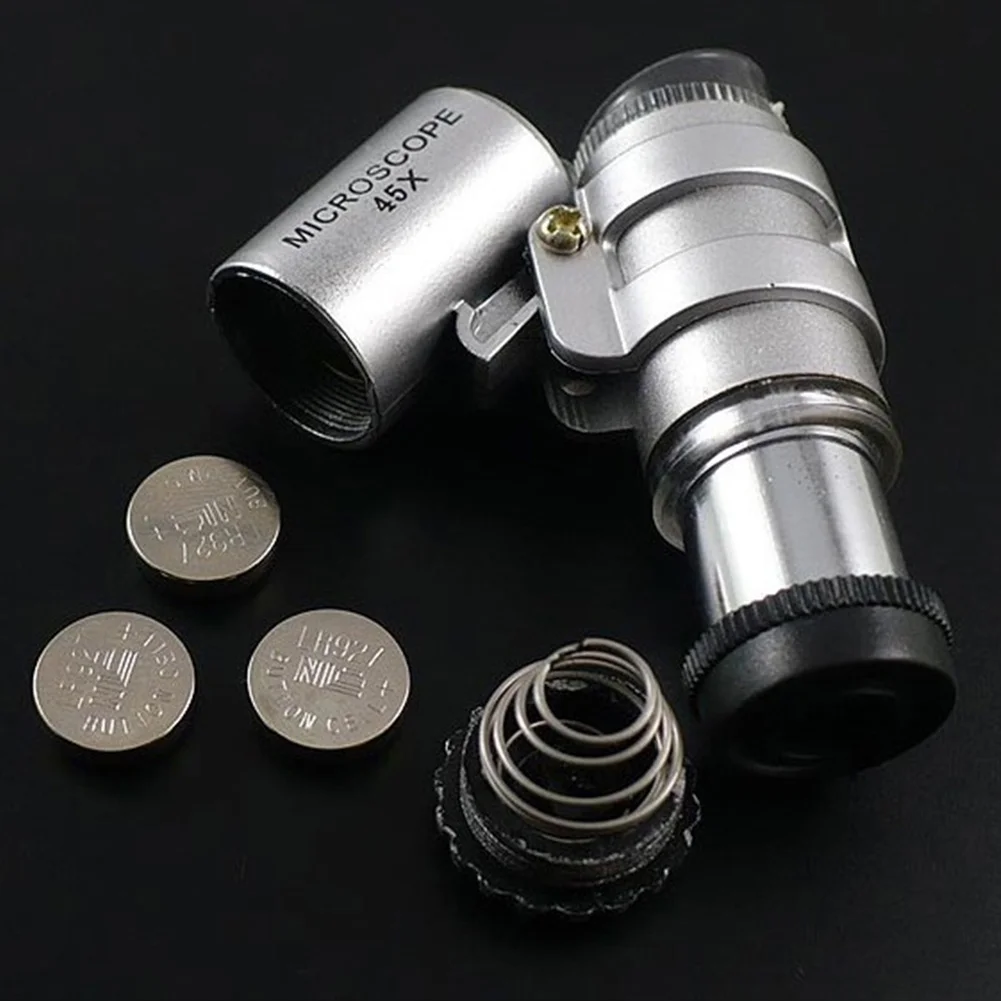 Portable Mini 45X 2LED Pocket Microscope Magnifier with Black case Jeweler Loupes Glass Lens with PVC leather pouch