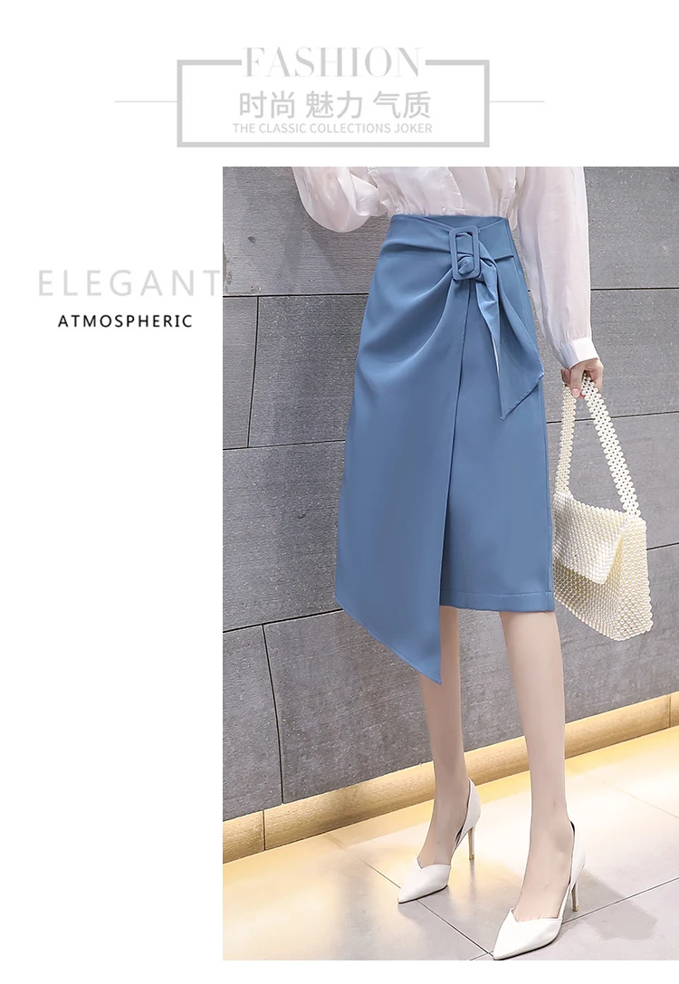 Новые осенние модные юбки женские корейский стиль Элегантный Высокая талия женская Юбка-миди Асимметричный ремень трапециевидной формы юбки
