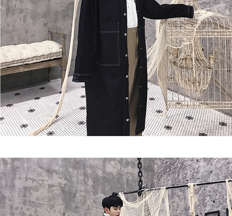 Men Long Casual Denim Trench Coat Streetwear Hip Hop Fashion Loose Cowboy Cardigan Jacket Male Jean Windbreaker Overcoat
