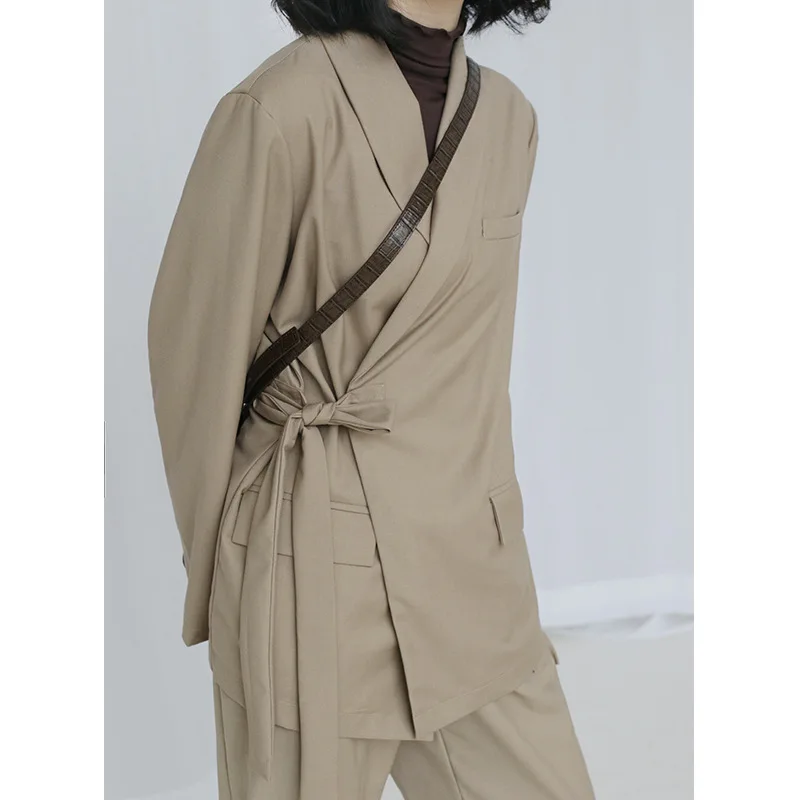 

Wechat Business Special for Sense of Design Irregular Lace-up Suit 2019 Origional Style Earth Color Short Jacket