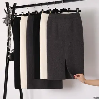 

New Winter thick wool blended split mid-skirt cashmere warm buttocks slimmed mid-calf knitted skirt length color