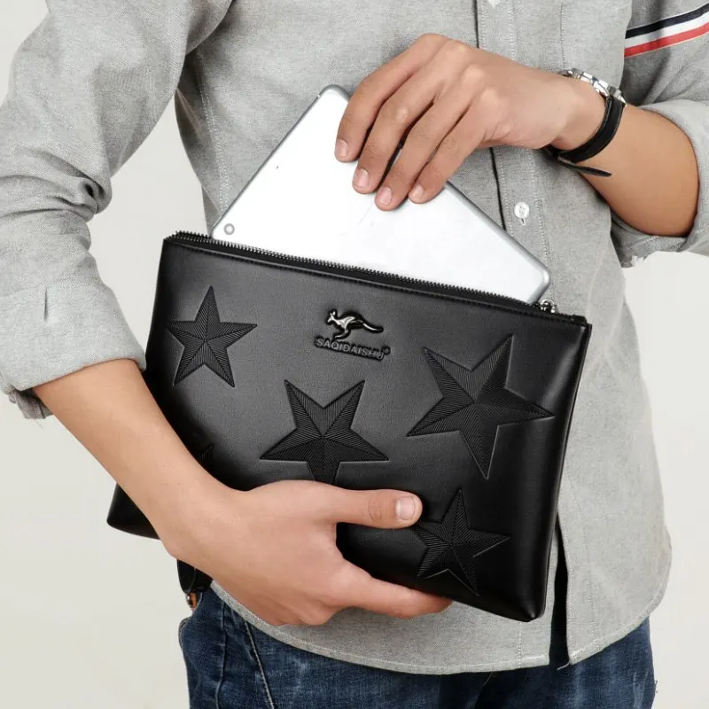 Star Embossing Men's PU Leather Wallet Handbag Zipper Clutch Long Wallet Business Large Capacity Clutch Purse Detachable Wristle