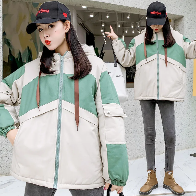 

Harajuku BF Wave Hooded Mixed Colors Cotton-padded Clothes Winter INS Hong Kong Style Thick COUPLE'S down Coat College Style Wom