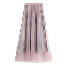 Радужный цвет осенняя Женская плиссированная юбка новая Корейская версия эластичная талия сетка градиент Тюль линия длинная юбка Faldas