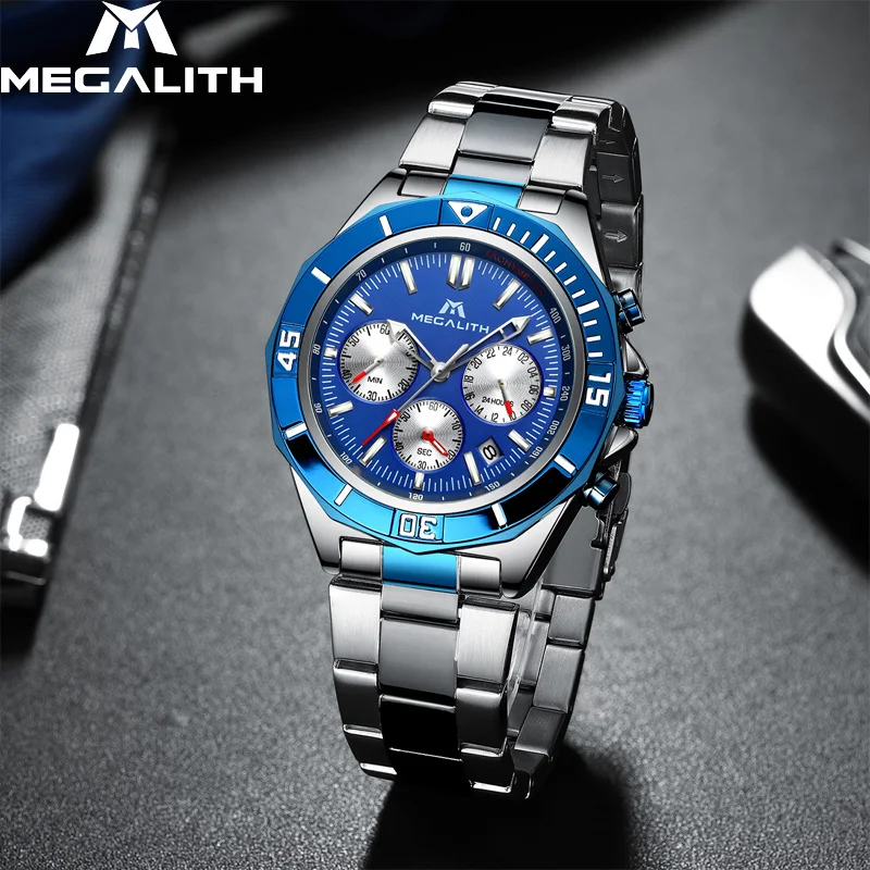 Ceny 2019 nowy mężczyzna zegarka MEGALITH Top luksusowa marka wodoodporny zegarek ze stali nierdzewnej Luminous Chronograph zegarek kwarcowy mężczyźni zegar Relogio Masculino
