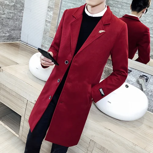 wine red Осенне-зимняя обувь однотонная ветровка Новая мужская шерстяное пальто 5XL Большие размеры slim fit Модные мил средне-длинная куртка - Цвет: wine red