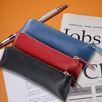 

OOTDTY Handmade Leather Pencil Bag Vintage Retro Zipper Fountain Pen Makeup Brush Pouch