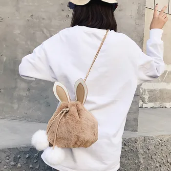 

2019 Winter Fashion Sweet Bucket Bag Faux Fur Cute Rabbit Ear Crossbody Bag Women's Designer Handbag Shoulder Messenger bag