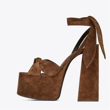 

2019 Summer Thick Heels Sandal for Woman Sexy Peep Toe Platform Lace-up Woman Shoes Ankle Strap Bowknot Summer Heels