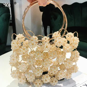 

[BXX] Women Single Shoulder Crossbody Bag All-match Flap 2020 Brand Designer Party Weave Pearl Package Hollow Out Handbag HI044