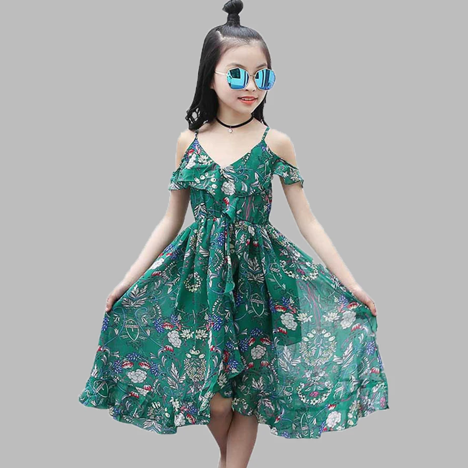 Летние платья для девочек, Пляжное платье с цветочным рисунком для девочек, платье с открытыми плечами для девочек богемная Одежда для девочек-подростков 6, 8, 10, 12 лет