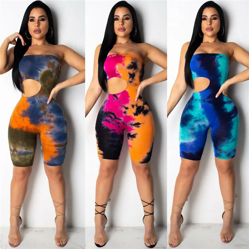 

New Strapless Off Shoulder Jumpsuit Women Tie Dyeing Sexy Bandeau Bodysuit Jumpsuits Rompers 2019 Summer Colorful Holes Bodysuit