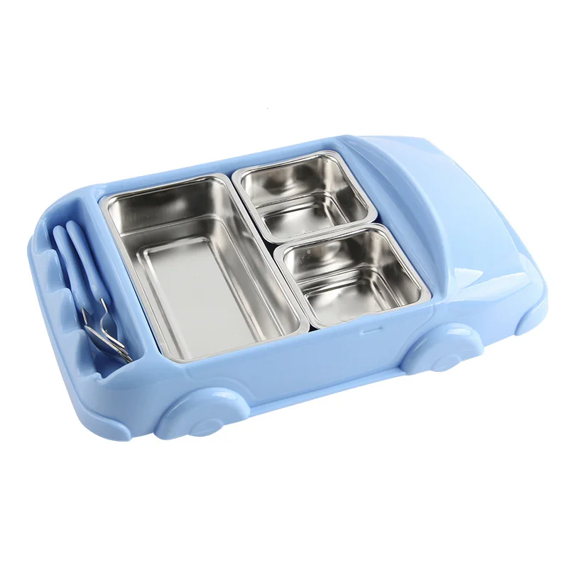 HOT Children Cartoon Car Lunch Box Stainless Steel Divided Plates Tray Set Fork Spoon Tableware NDS66 - Цвет: Синий