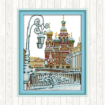 

Joy Sunday Cross Stitch Kits Fountain Landscape Painting DMC DIY Aida Fabric for Embroidery Kit 14ct Printed Canvas Needlework