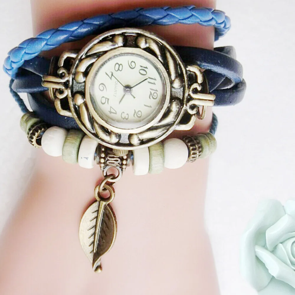 

Fashion White Orange Sky Blue Women Children Retro LeatherWinding Bracelet Leaf Pendant Watch Small Dial Ladies Watch