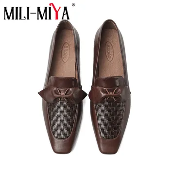

MILI-MIYA Fashion Women Full Genuine Leather Flats Solid Color Slip-On Square Toe Office&Career Shoes For Ladies Size 34-40