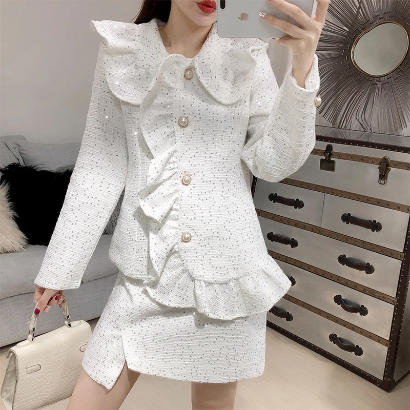 ALPHALMODA Блестящий твидовый милый кардиган с рюшами жакет + Асимметричная мини юбка