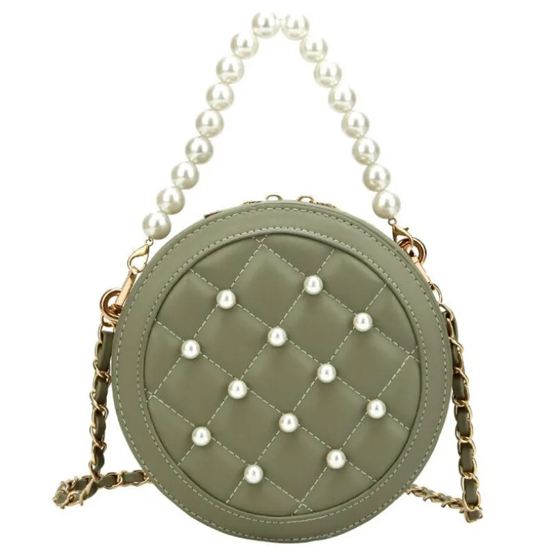 Мини Круглые сумки одноцветные клетчатые на плечо сумка с жемчужной цепочкой