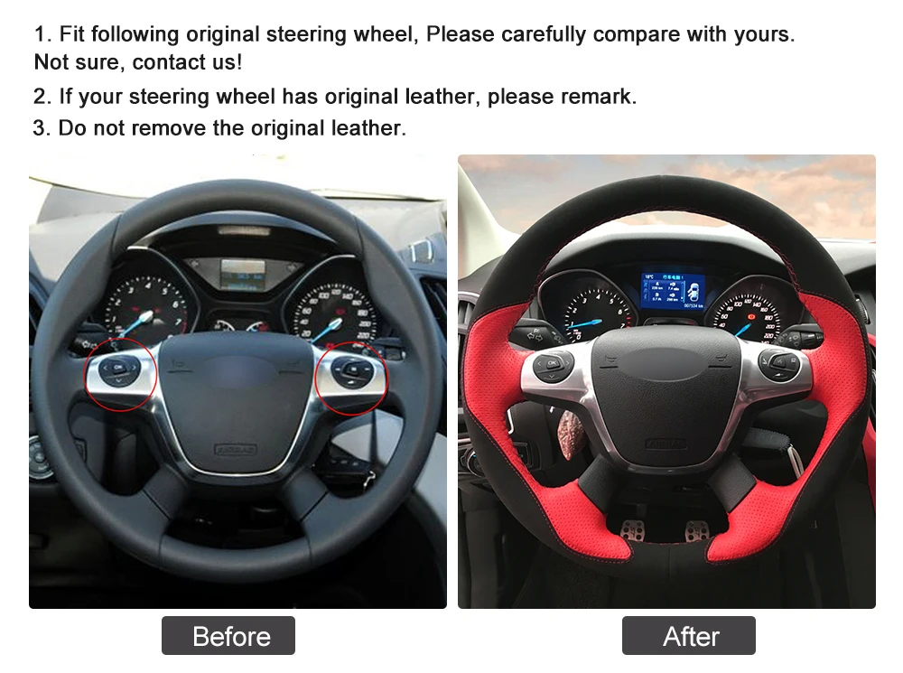 Black Suede Red Leather Anti-slip Car Steering Wheel Cover for Ford Focus 3 2012- KUGA Escape 2013