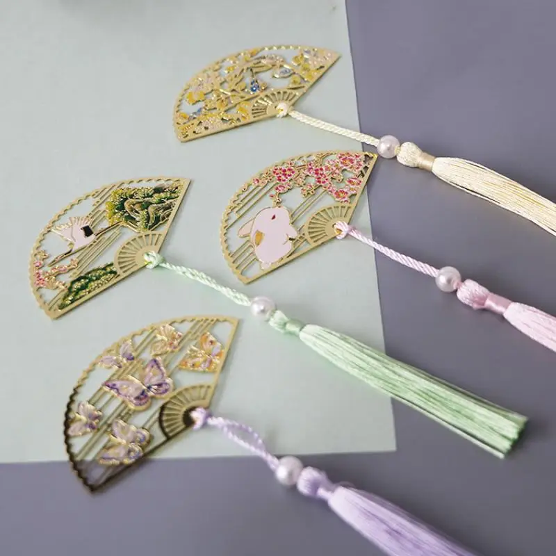 Metal Bookmark Chinese Style Folding Fan Paper Reading Bookmarks Creative Book Page Marker Stationery Supplies Color Bookmarks