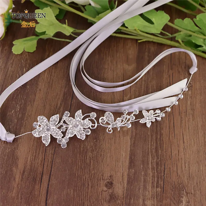 gray ribbon TOPQUEEN SH260 Большой Хрустальный цветок пояс невесты Тонкий цветочный свадебный пояс горный хрусталь цветок свадебный пояс серебряный сплав пояс невесты - Цвет: gray ribbon