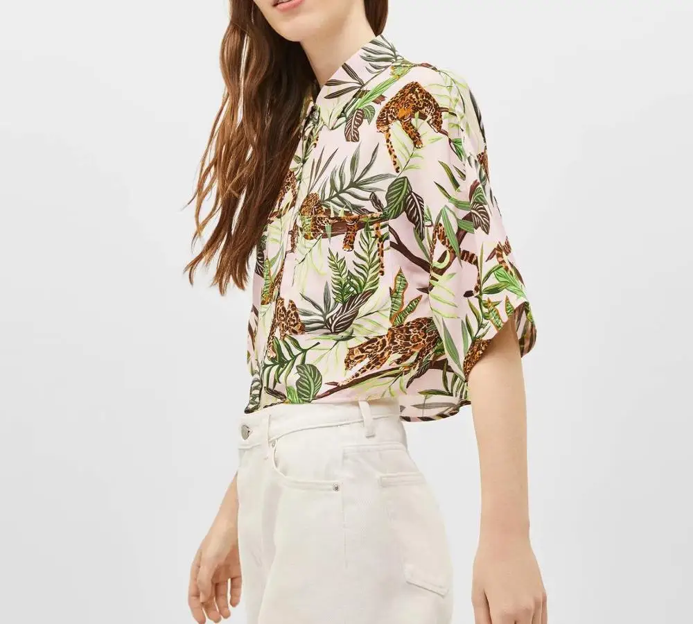 

Summer Chiffon Blouse Women's Print Floral Beach Vacation Casual Short Pink Tops For Women
