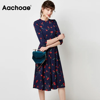 

Elegant A Line Party Dress Women O-neck Print Long Pleated Dress Three Quarter Sleeve Casual Midi Dresses Vestidos 2020