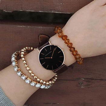 

Ayhaus 36mm Ultra-thin Black Dial Quartz Watch Fashion Casual Women Watch for Ladies Leather Wristwatch Clock