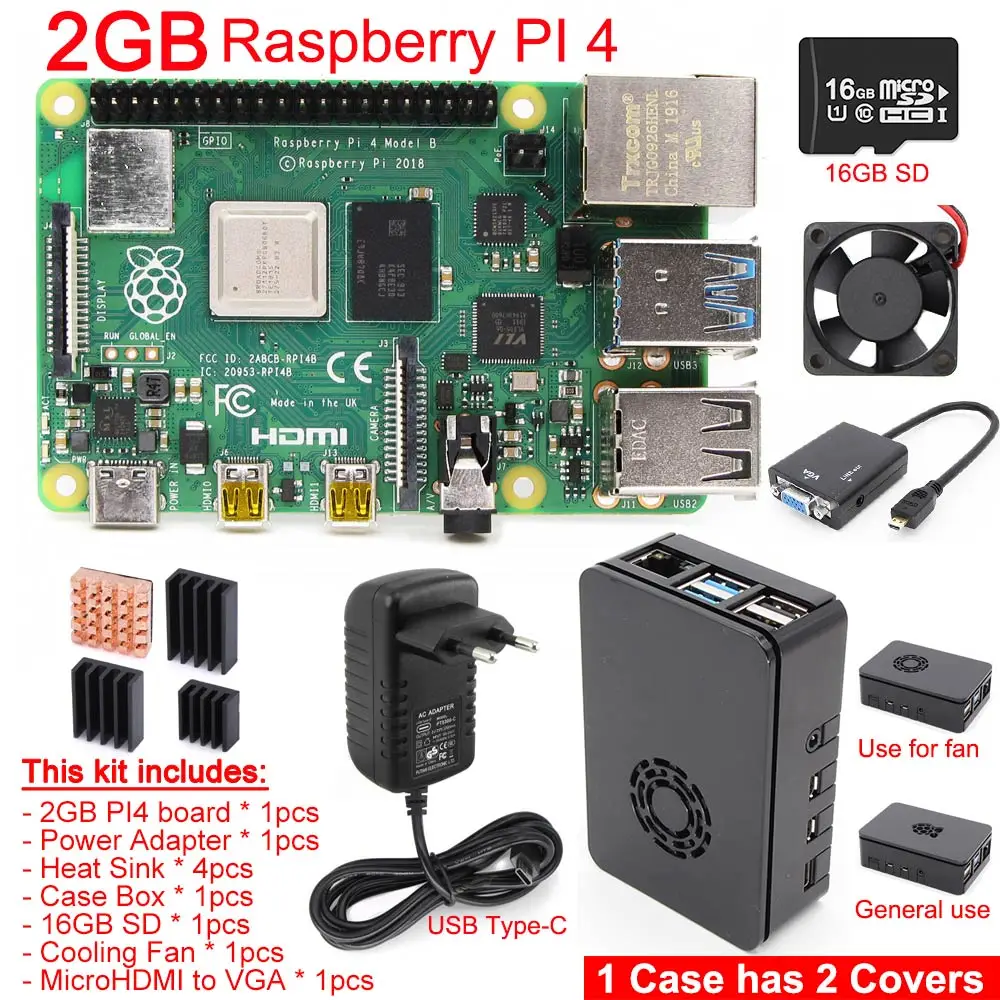 Raspberry Pi 4 Модель B PI 4B 2 ГБ/4 Гб комплект: плата+ теплоотвод+ адаптер питания+ Чехол-коробка+ вентилятор охлаждения+ 16 Гб/32 ГБ SD+ Кабель Micro-HDMI-VGA - Комплект: 2GB kit 1