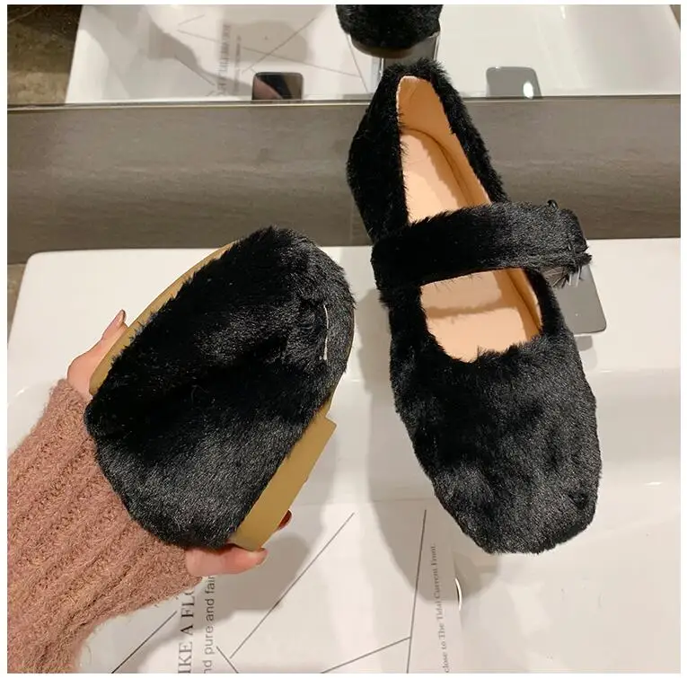 EOEODOIT Autumn Ballet Flats Shoes Casual Fur Shoes Square Toe Retro Fashion Women Lady Elegance Flat Heel Shoes