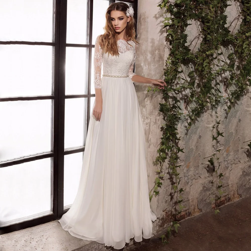 2022 abiti da sposa maniche a tre quarti Top abiti da sposa in Chiffon di  pizzo con perline fusciacche Vestido De Noiva|Wedding Dresses| - AliExpress