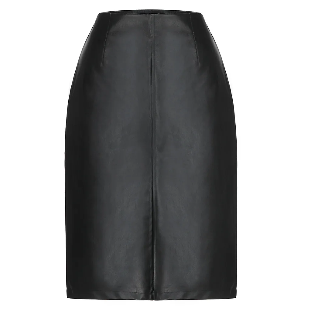 Черная юбка Офисная Женская юбка-карандаш из искусственной кожи больших размеров женская юбка с завышенной талией офисная кожаная юбка женское до колена 91