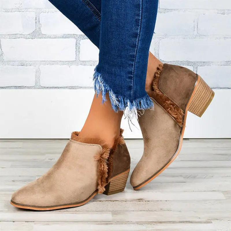 Skup Kobiety kostki buty okrągłe Toe połowy Med obcasy pompy Slip on buty kobieta Chaussure Zapatos Mujer Gladiator jesień ciepłe botki WXZ228