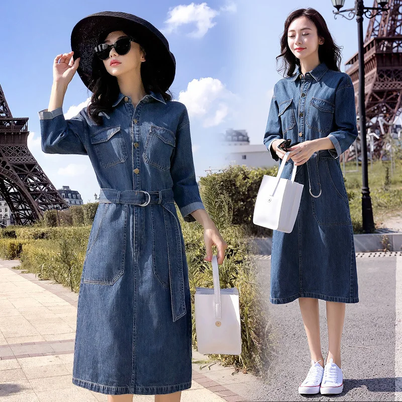 

2018 Early Autumn New Style WOMEN'S Dress INS Super Fire Computer Cable Lock-Style Waist Hugging Shirt Dress Slimming Students L