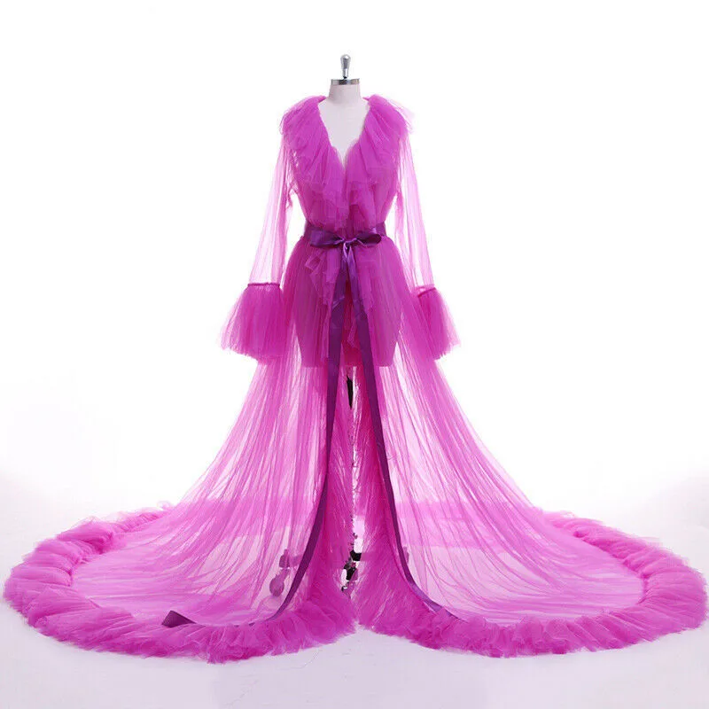 Сексуальное женское нижнее белье, кружевное прозрачное Сетчатое фатиновое платье с v-образным вырезом и многослойными оборками, макси, длинный банный халат платья для сна - Цвет: Фуксия