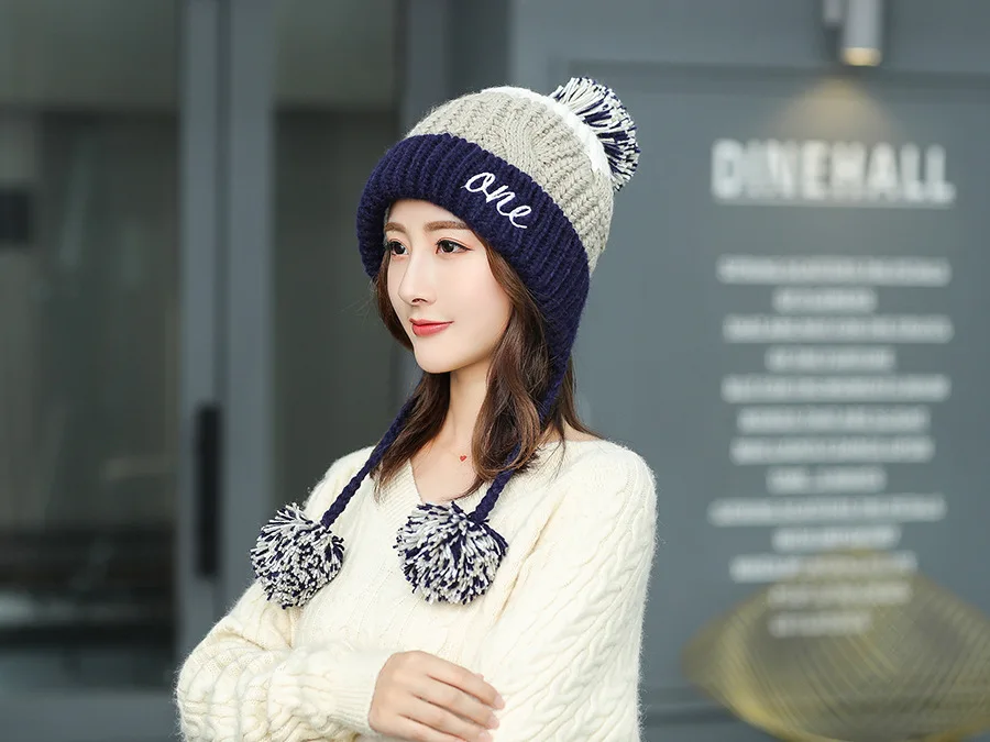 Женские зимние шерстяные шапочки Skullies SUOGRY Femme, теплые шапки с ушками, женские шапочки с помпоном, шапки для бант для девочки, Осенние милые модные
