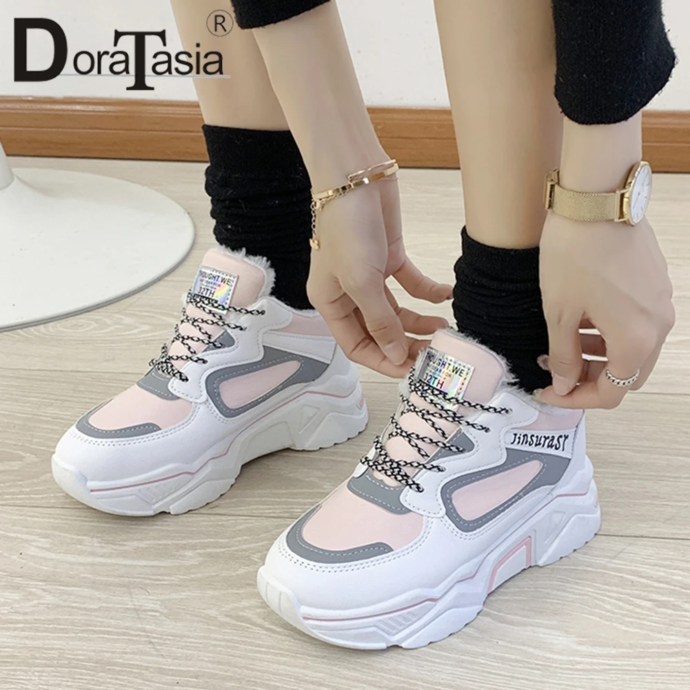

DORATASIA New Mixed Color Ladies Flat Platform Flats Women Winter Warm Fur Casual Flats Fashion Patchwork Lace Up Shoes Woman