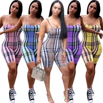 

13ALS024 Summer Women Sexy Jumpsuit Playsuit Plaid Print Spaghetti Strap Rompers Plus Size