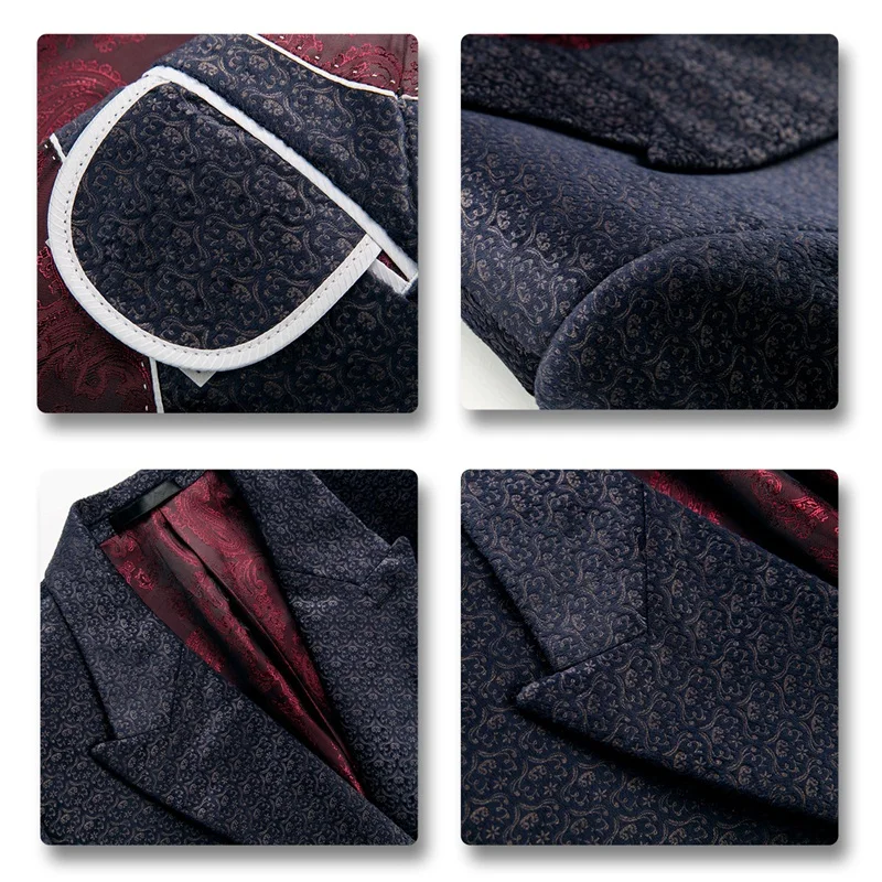 YUNCLOS Navy Pattern Printing Men Suits Double-breasted Business Casual Suits Men Closure Collar Wedding Jacket+Vest+Pant