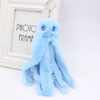 

Fashion 2019 Cute Octopus Keychains Women Pompom Artificial Rex Rabbit Fur Car Key Ring Long Tassel Fluffy Key Chain Bag Pendant
