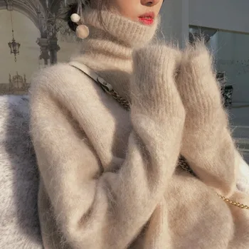 

Korean Women Solid Faux Mink Cashmere Plush Sweater Autumn Winter Pullover Knitted Loose Side Split Sweater Jumper Top