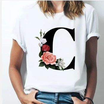 

Vogue 26 alphabet letter women T-shirt Harajuku A To Z Alphabet combination flowers Short Sleeve casual Korean Style Tops female