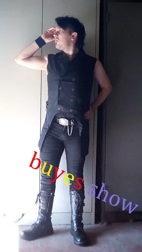와인 레드 페이즐리 자카드 롱 조끼, 남성 더블 브레스트 라펠 브로케이드 조끼, 남성 조끼, 고딕 스팀펑크 민소매 연미복 2